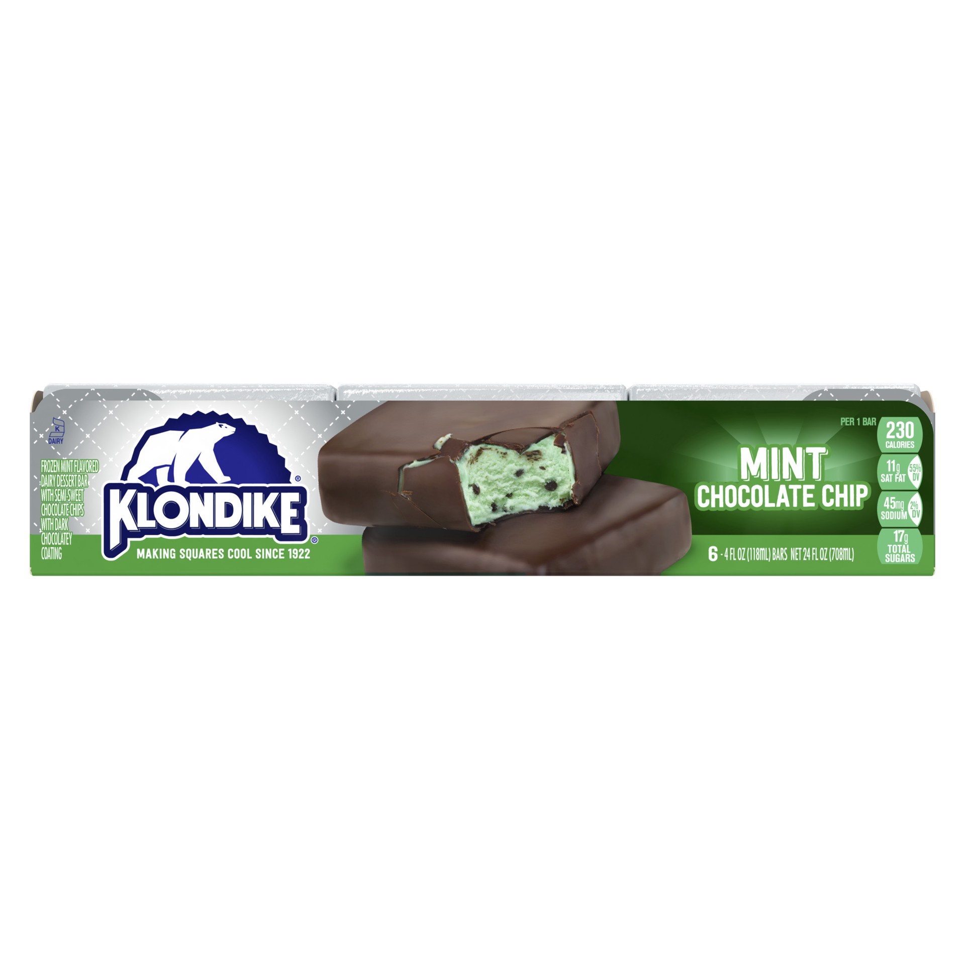 slide 1 of 9, Klondike Frozen Dairy Dessert Bars Mint Chocolate Chip, 4 fl oz, 6 Count , 4 fl oz