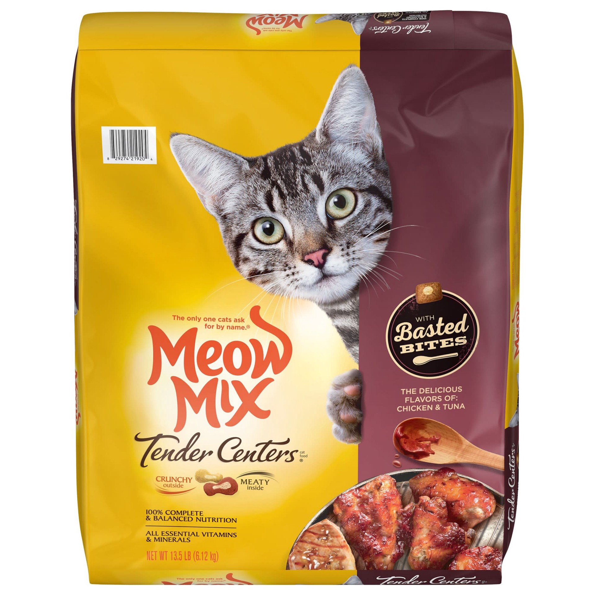 slide 1 of 9, Meow Mix Tender Centers with Basted Bites, Chicken and Tuna Flavored Dry Cat Food, 13.5-Pound, 13.5 lb