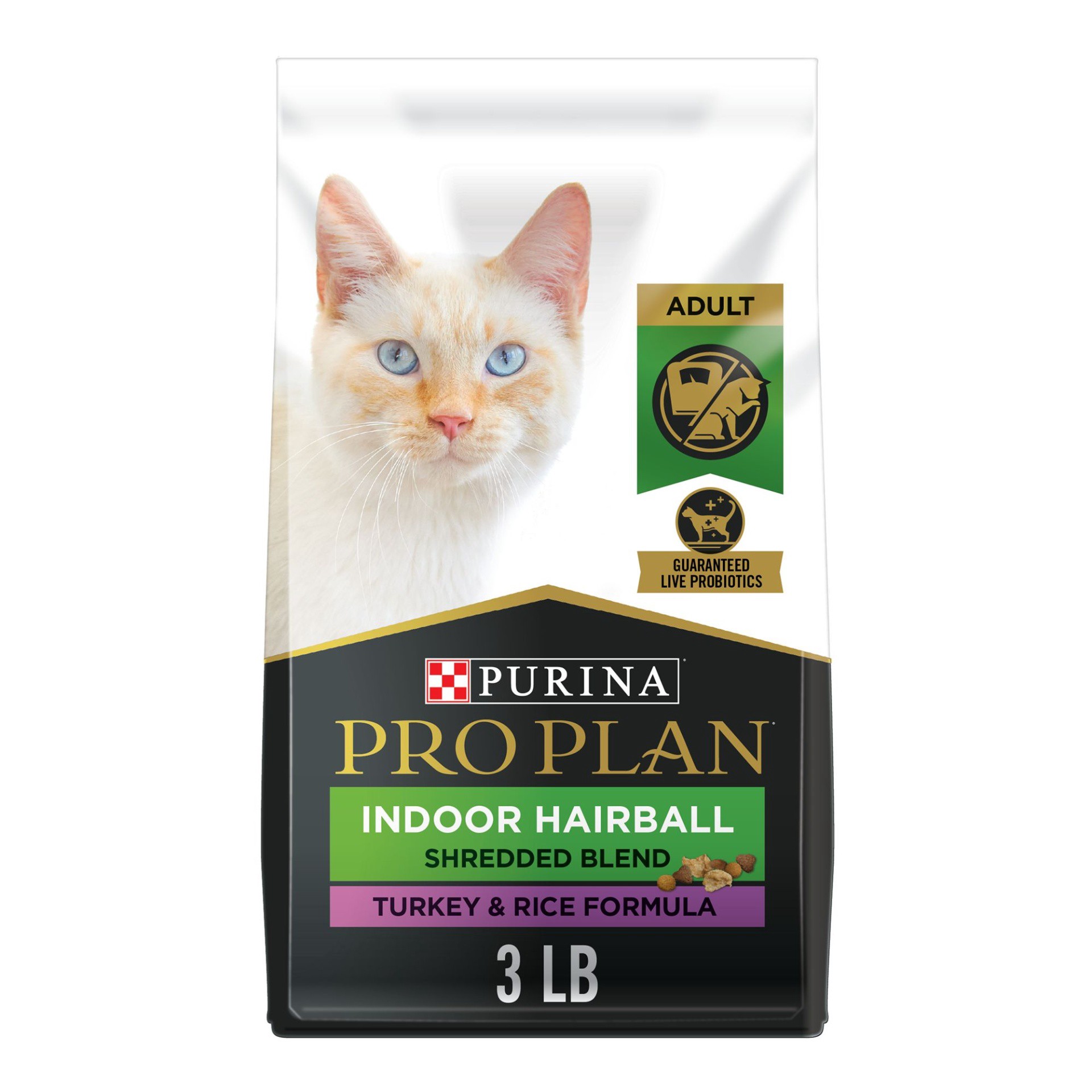 slide 1 of 1, Purina Pro Plan Hairball Management, Indoor Cat Food, Shredded Blend Turkey and Rice Formula, 3 lb