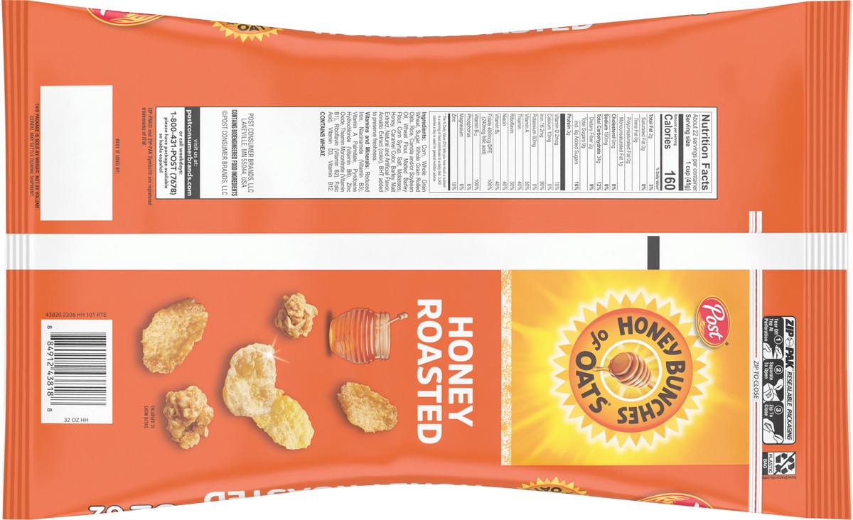 slide 3 of 10, Post Honey Bunches of Oats Honey Roasted Breakfast Cereal, 32 OZ Bag, 32 oz