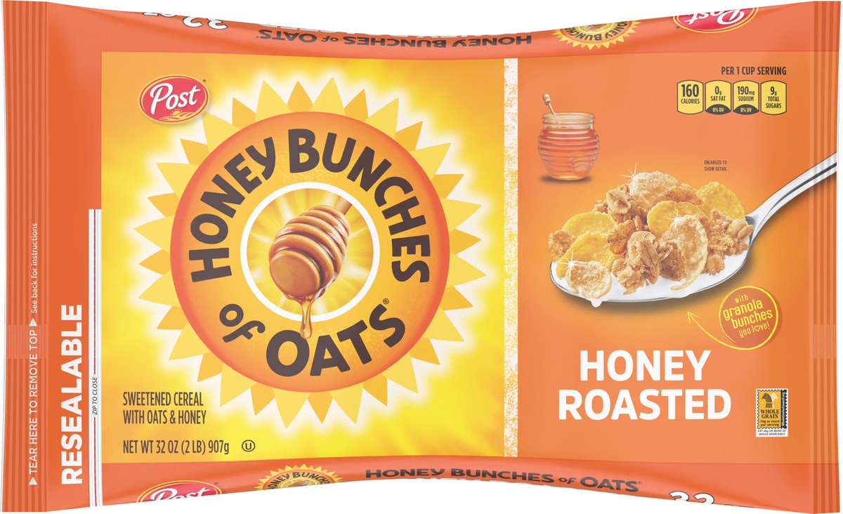 slide 6 of 10, Post Honey Bunches of Oats Honey Roasted Breakfast Cereal, 32 OZ Bag, 32 oz