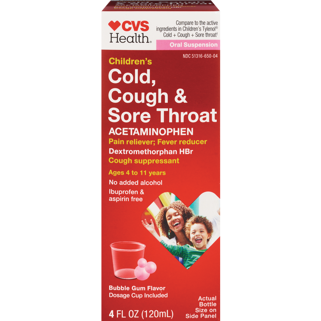 slide 1 of 1, CVS Health Children's Cold + Cough + Sore Throat Apap Liquid, Bubblegum, 4 Oz, 4 oz