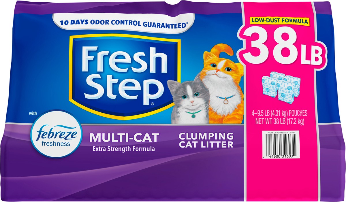 slide 8 of 9, Fresh Step Multi-Cat Scented Litter with the Power of Febreze, Clumping Cat Litter, 38 Pounds, 4 ct