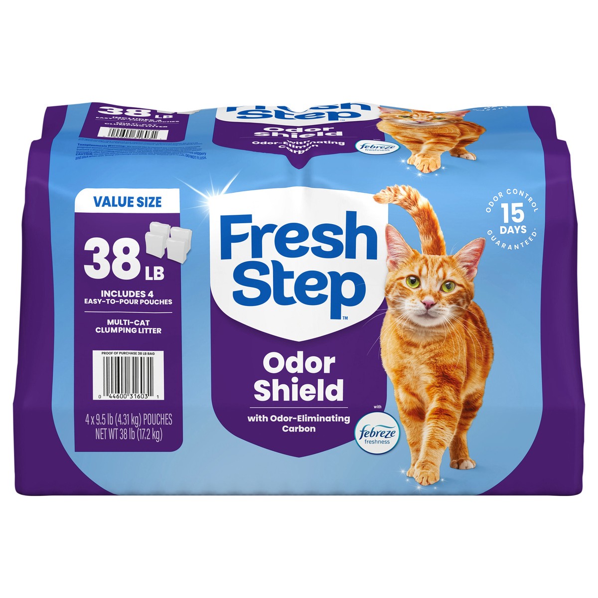 slide 1 of 9, Fresh Step Odor Shield Multi Cat Clumping Litter with Febreze Freshness, 38 lb?(4 x 9.5 lb Pouch), 4 ct