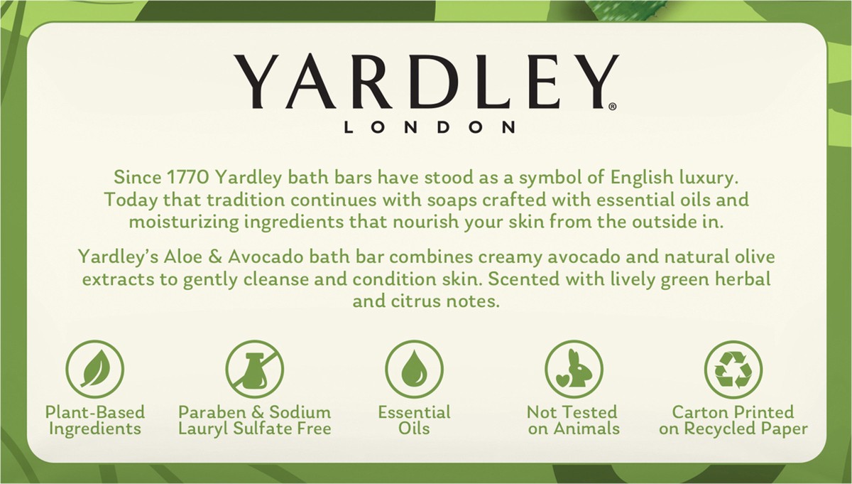 slide 8 of 9, Yardley London Nourishing Bath Soap Bar Aloe & Avocado, Conditions Skin with Creamy Avocado & Olive Extracts, 4.0 oz Bath Bar, 2 Soap Bars, 2 ct