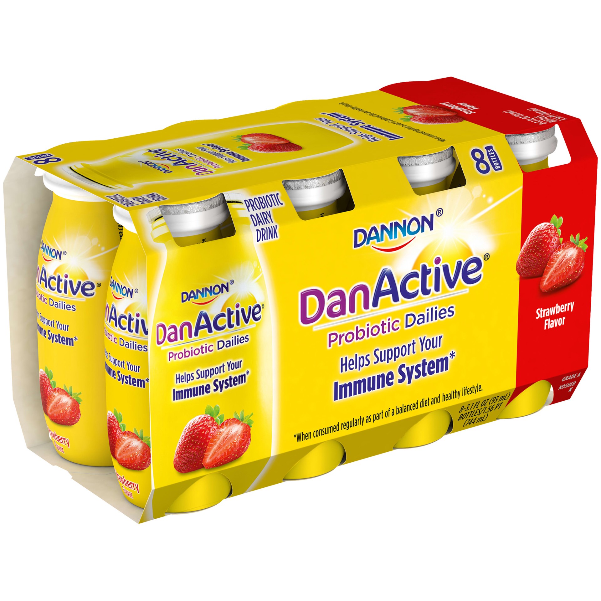 slide 3 of 5, DanActive Probiotic Dailies Strawberry Dairy Drink, 3.1 Oz., 8 Count, 3.1 fl oz
