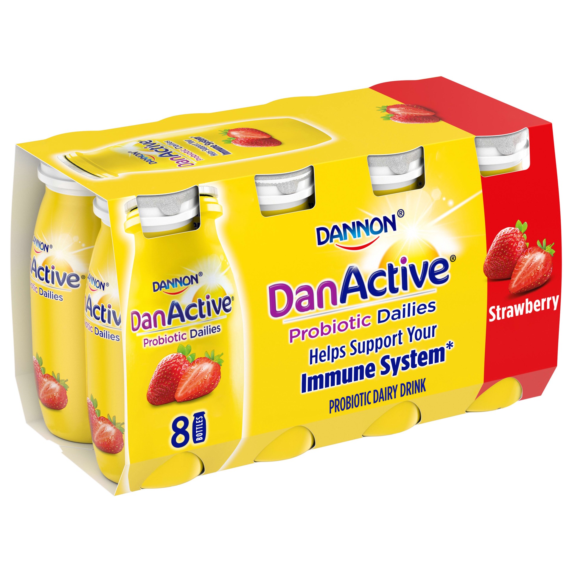 slide 1 of 5, DanActive Probiotic Dailies Dairy Drink, Strawberry, 3.1 oz., 8 Pack, 3.10 fl oz