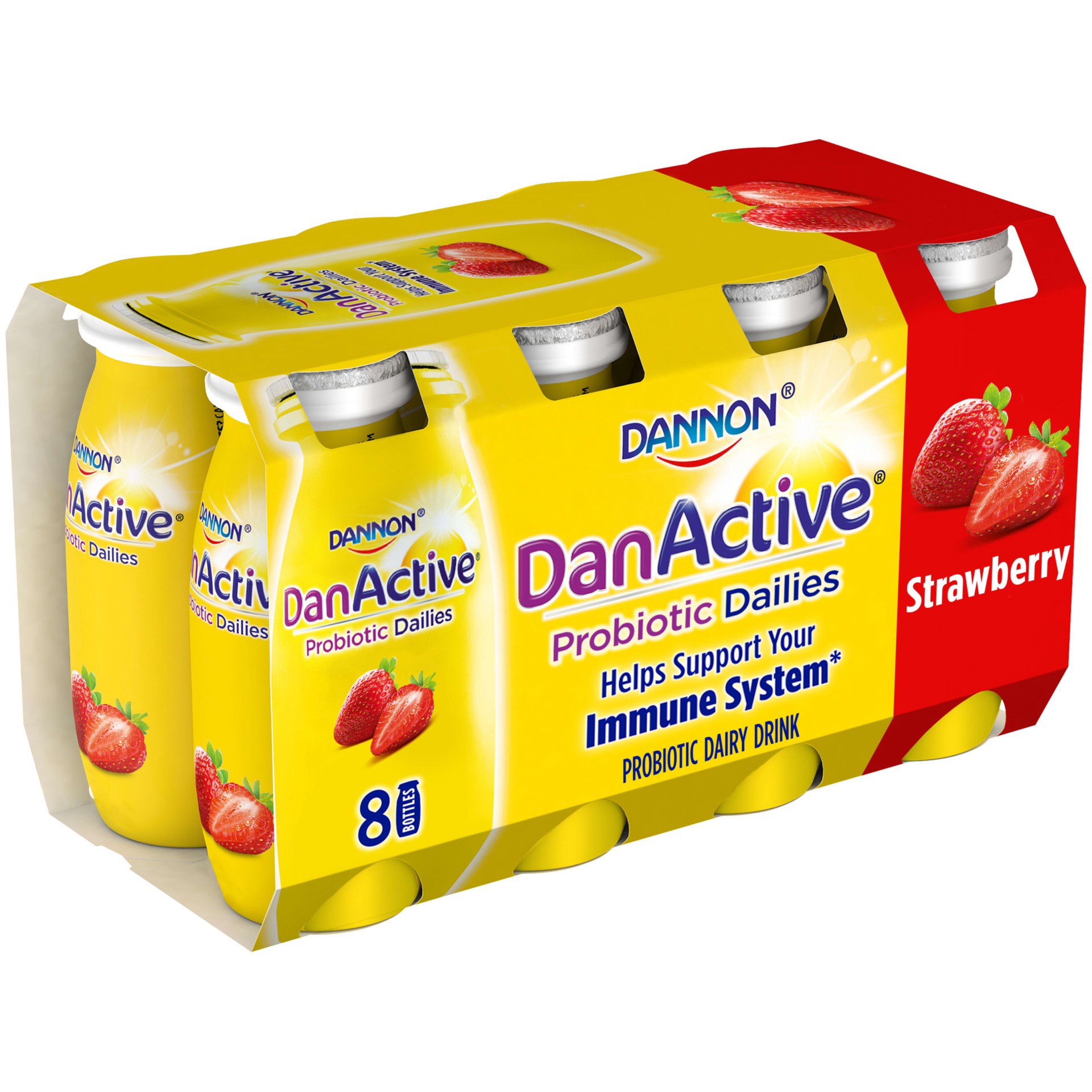 slide 1 of 5, DanActive Probiotic Dailies Strawberry Dairy Drink, 3.1 Oz., 8 Count, 3.1 fl oz