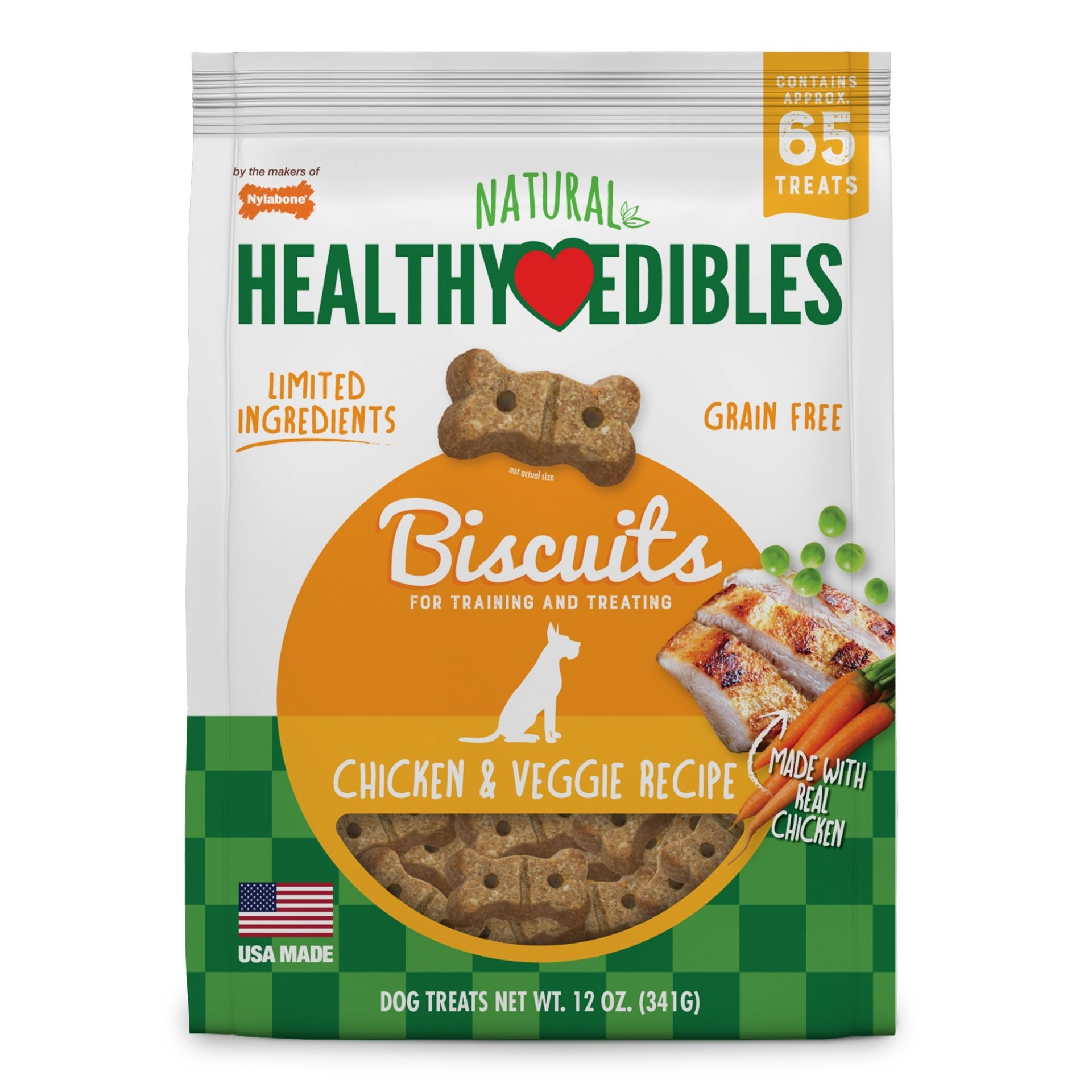 slide 1 of 1, Nylabone Healthy Edibles Biscuits Chicken & Veggie Flavor Dog Treats, 12 oz