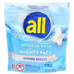All Mighty Pacs Sensitive Fresh Spring Breeze Detergent - 19 Pacs