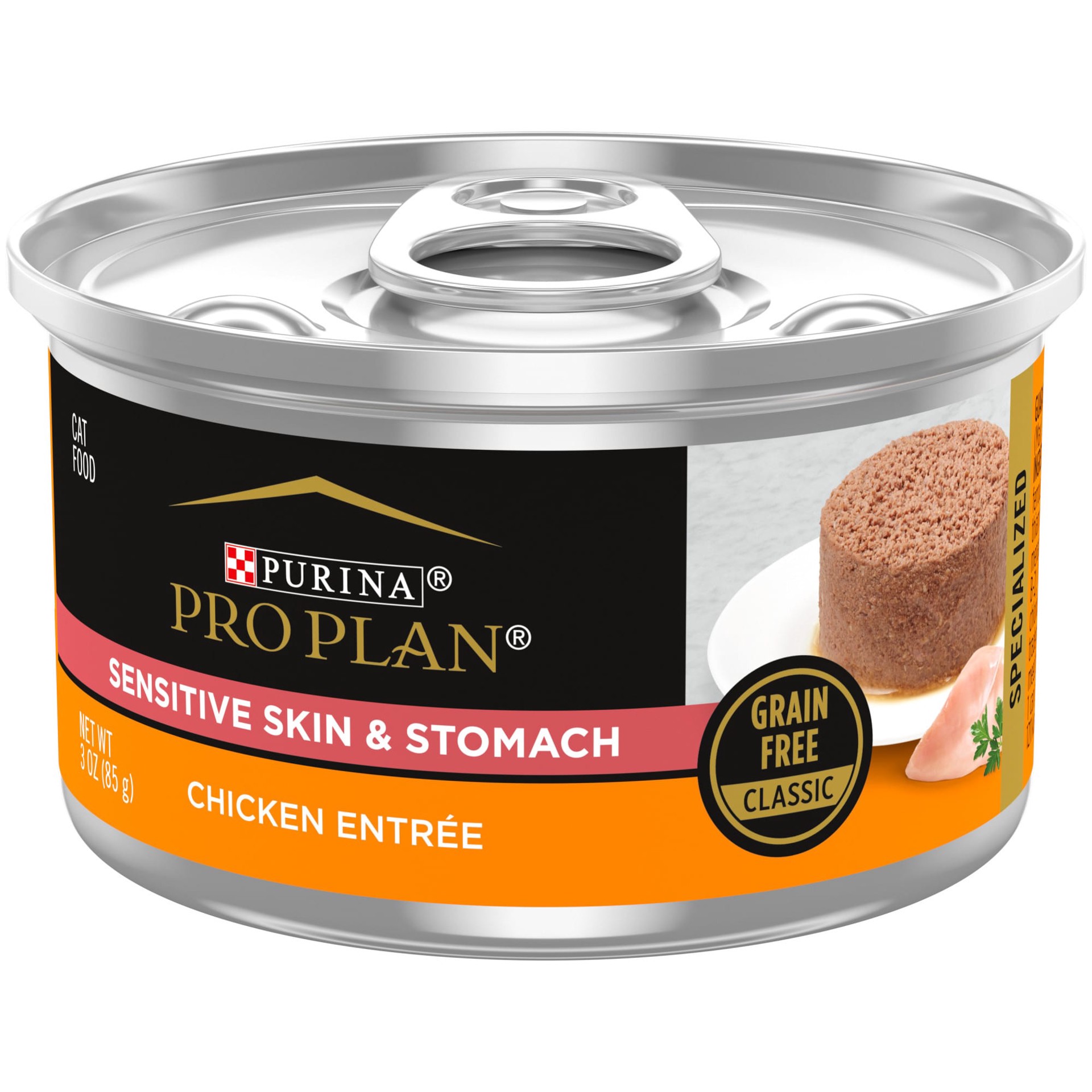 slide 1 of 8, Purina Pro Plan Sensitive Skin and Sensitive Stomach Cat Food Wet Pate, Grain Free Chicken Entree, 3 oz