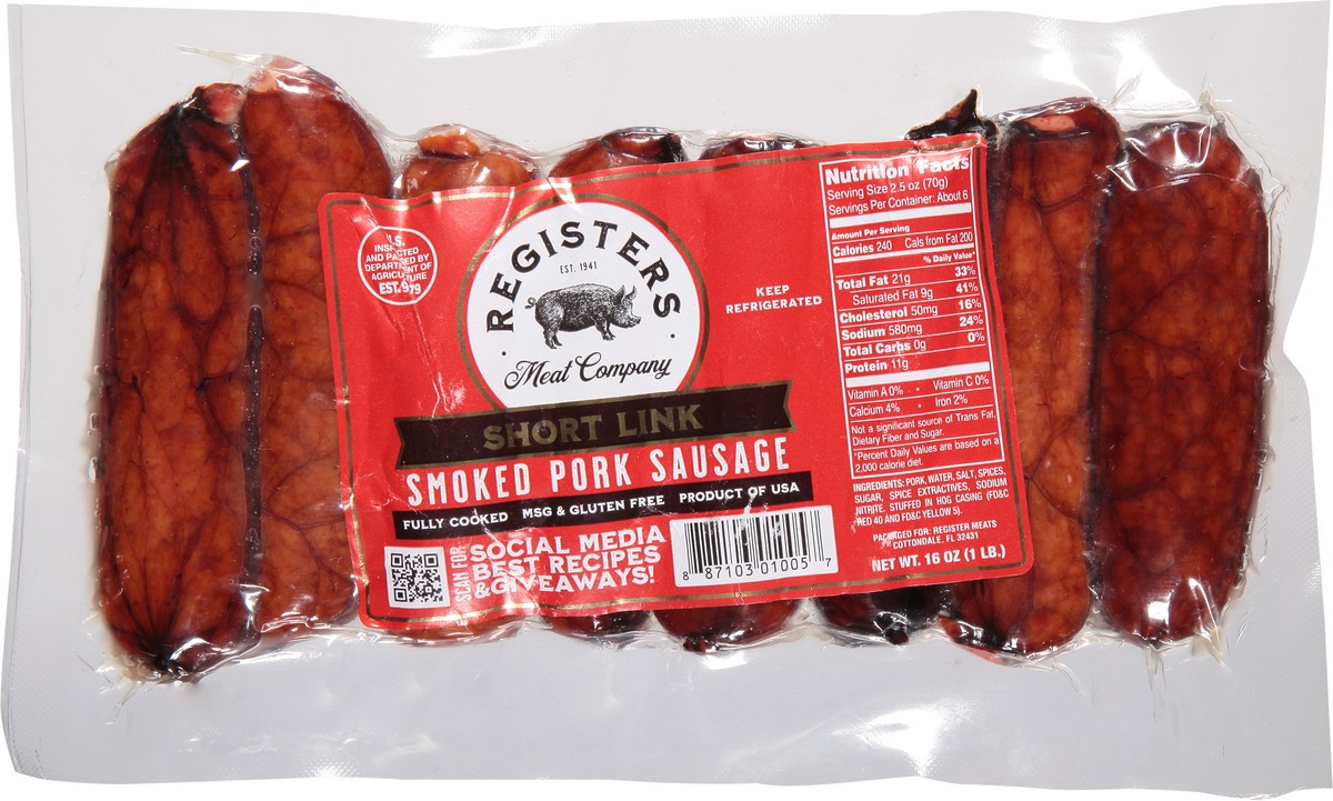 slide 11 of 12, Registers Meat Company Short Link Smoked Pork Sausage 16 oz, 16 oz