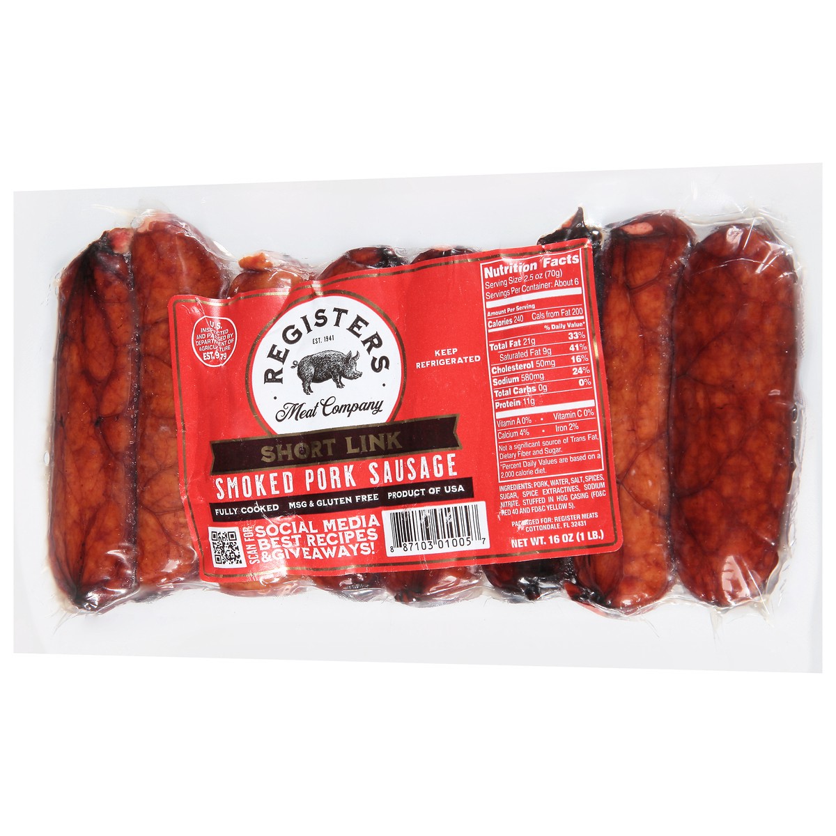 slide 8 of 12, Registers Meat Company Short Link Smoked Pork Sausage 16 oz, 16 oz