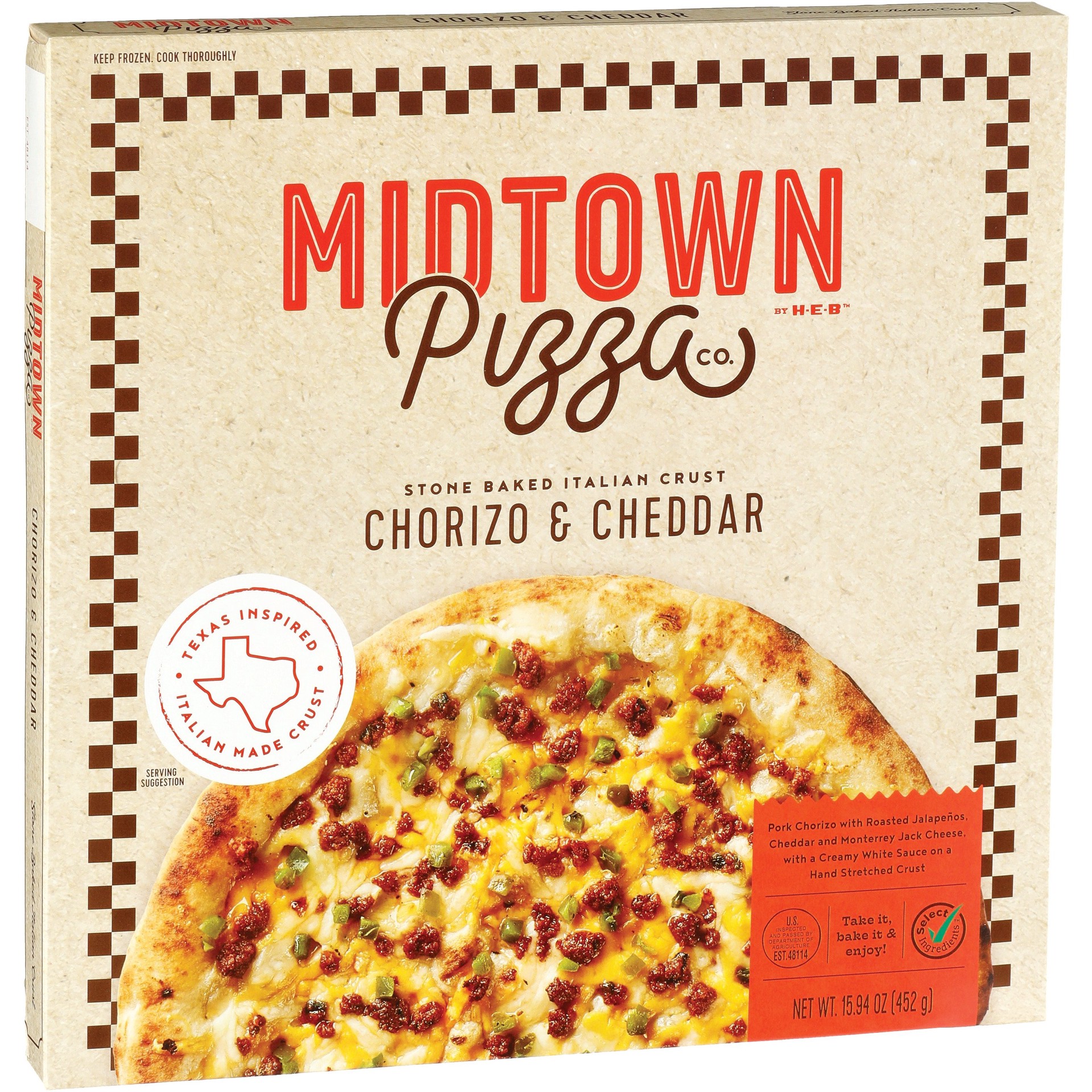 slide 1 of 1, Midtown Pizza Co. by H-E-B Select Ingredients Chorizo & Cheddar Pizza, 15.94 oz