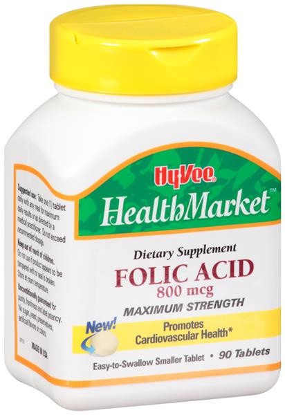 slide 1 of 1, Hy-Vee HealthMarket Maximum Strength Folic Acid 800Mcg Tablets, 90 ct