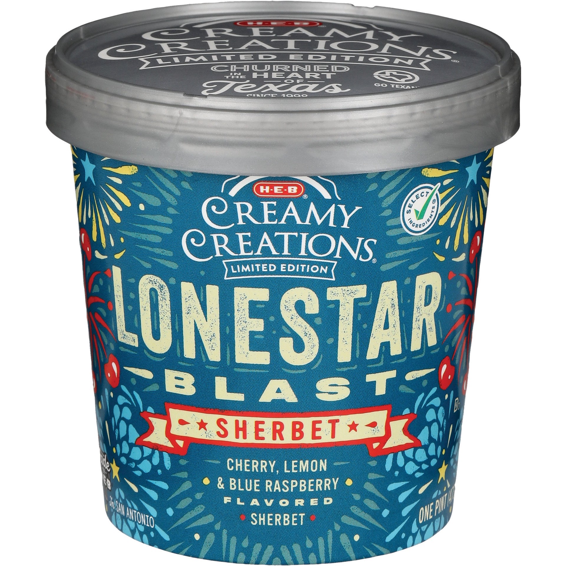 slide 1 of 1, H-E-B Creamy Creations Limited Edition Lonestar Blast Sherbet, 1 pint