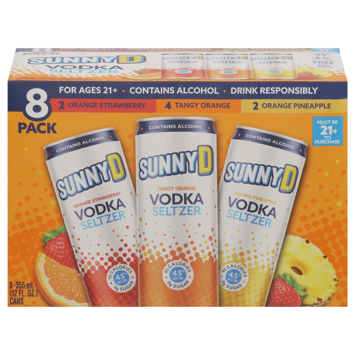 slide 13 of 13, Sunny D Sunnyd Vodka Seltzer Core Flavor Variety Pack, 8 Pack Of 12Oz Slim Cans, 355 ml