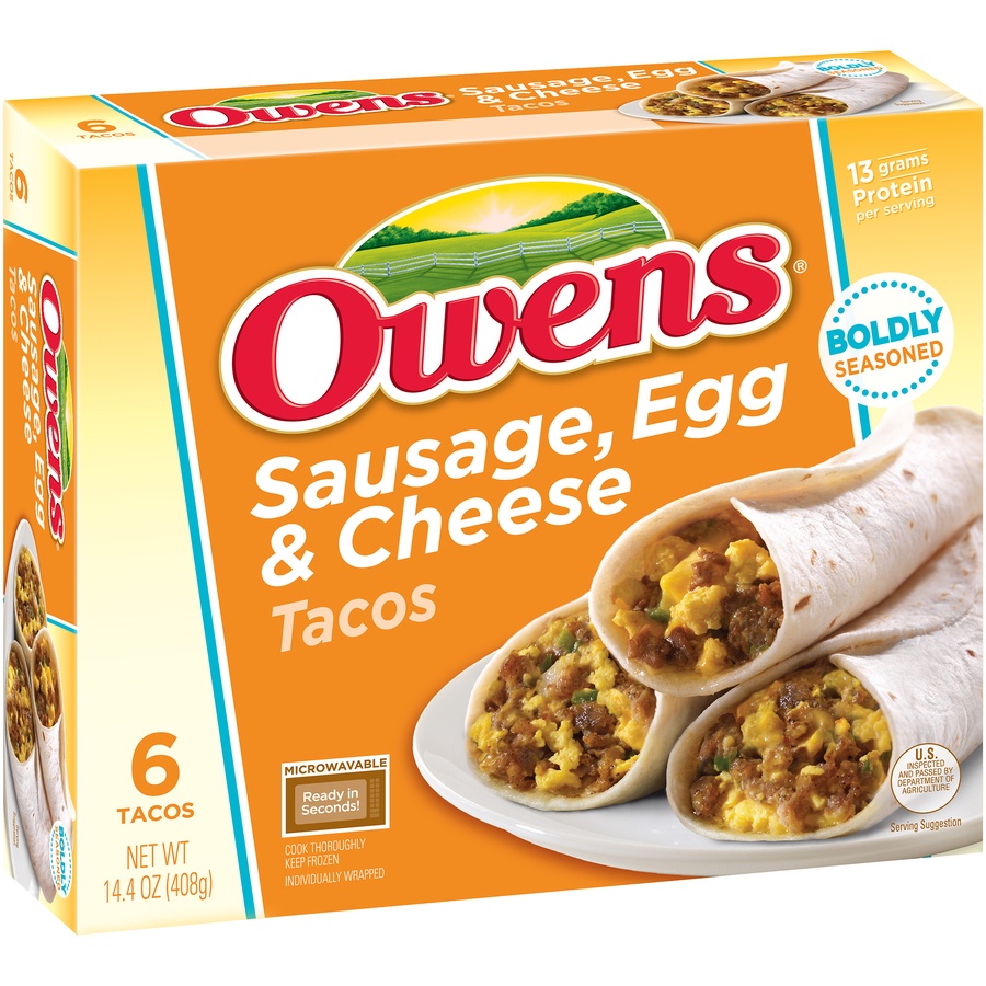 slide 2 of 8, Owens Sausage Egg and Cheese Tacos, 14.4 oz