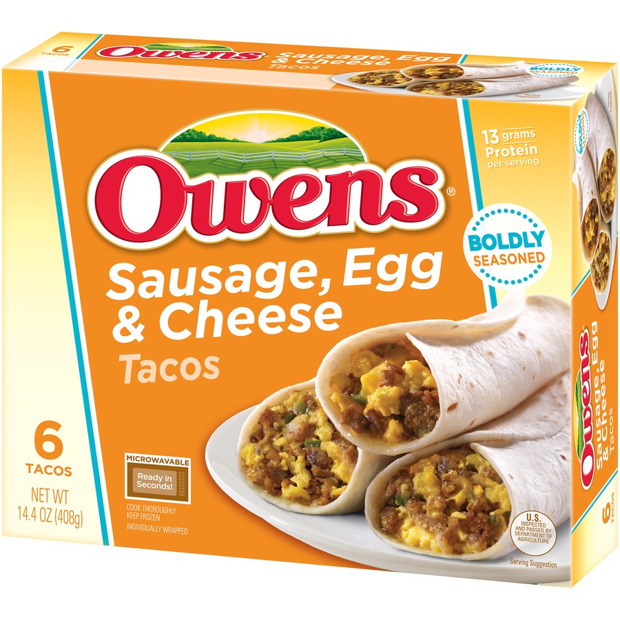 slide 3 of 8, Owens Sausage Egg and Cheese Tacos, 14.4 oz