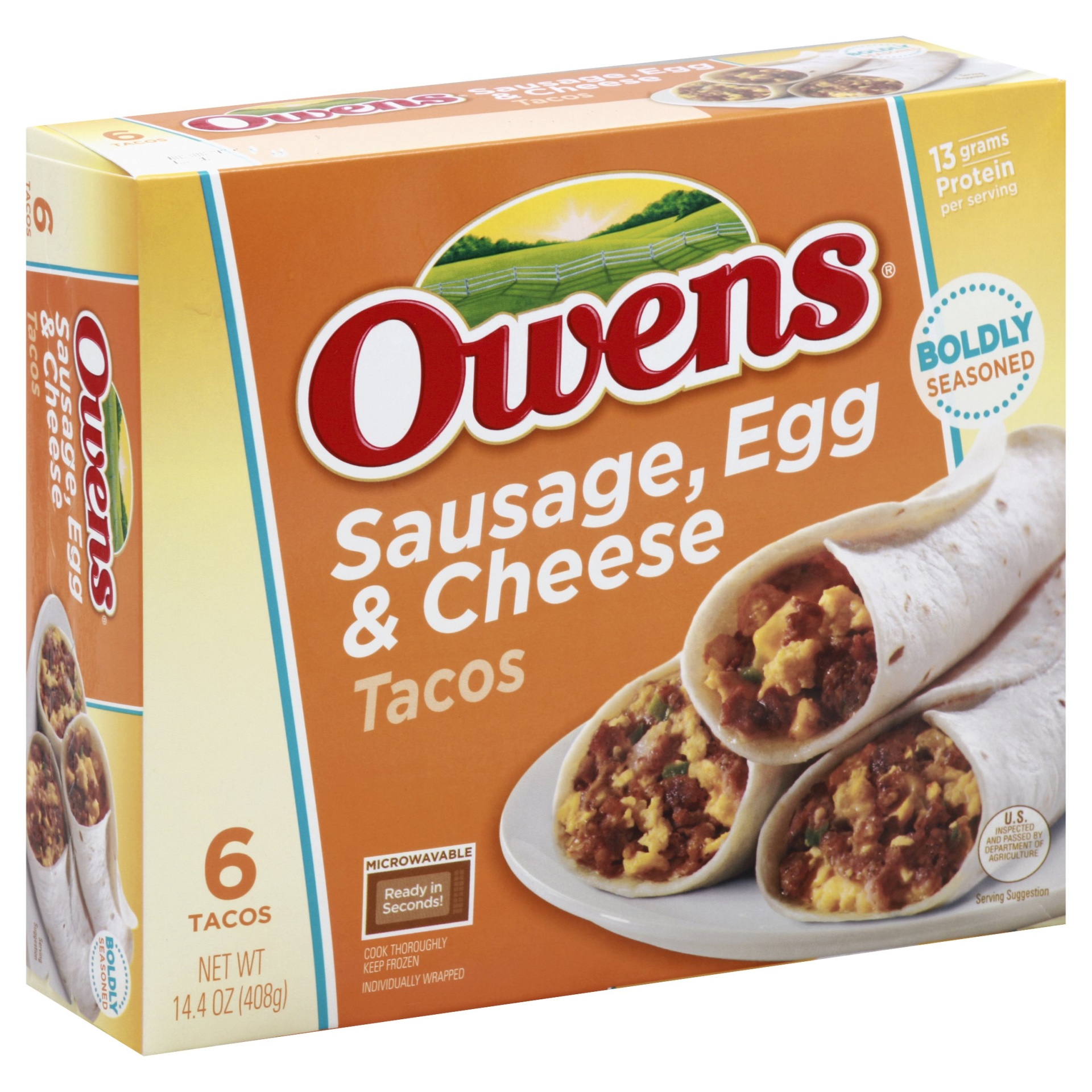 slide 1 of 8, Owens Sausage Egg and Cheese Tacos, 14.4 oz