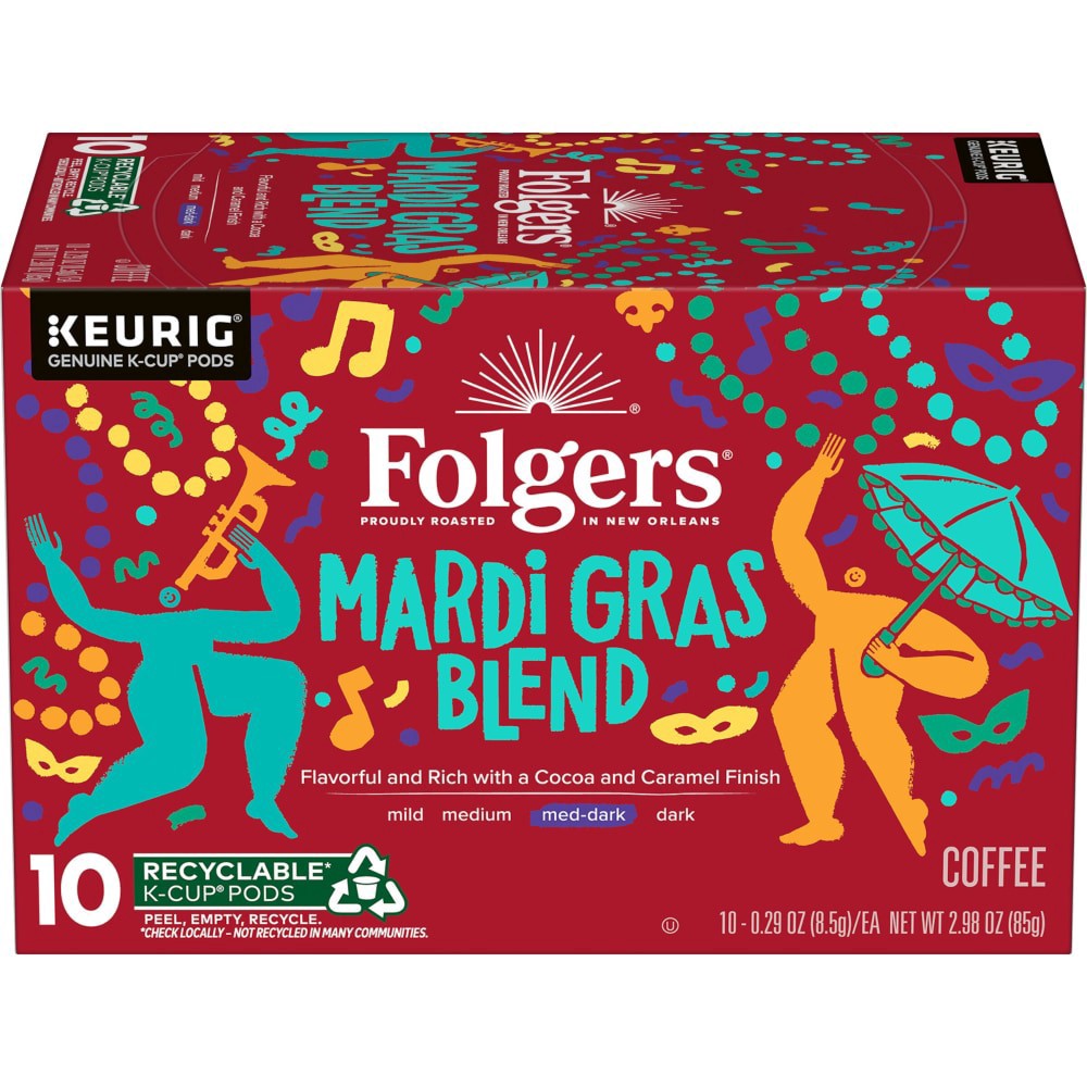 slide 3 of 3, Folgers Mardi Gras Blend Medium-Dark Roast Coffee, Keurig K-Cup pods, 10 Count Box, 10 ct