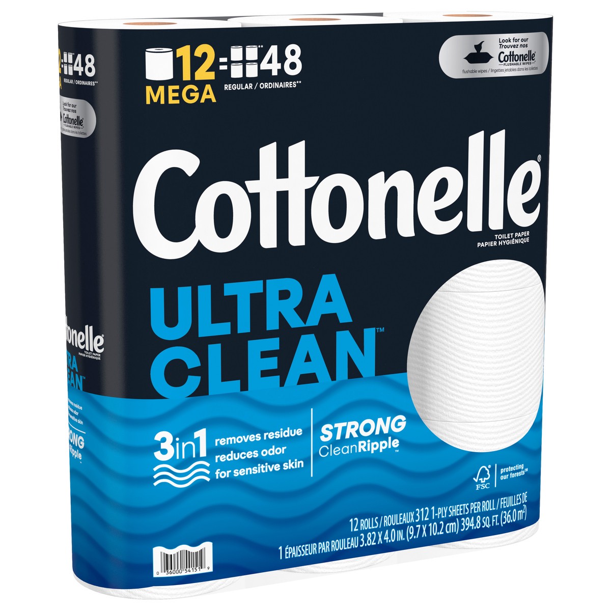 slide 8 of 11, Cottonelle Ultra Clean Toilet Paper, 12 Mega Rolls, Strong Bath Tissue (12 Mega Rolls = 48 Regular Rolls), 312 Sheets per Roll, 1-Ply Toilet Paper, 12 ct