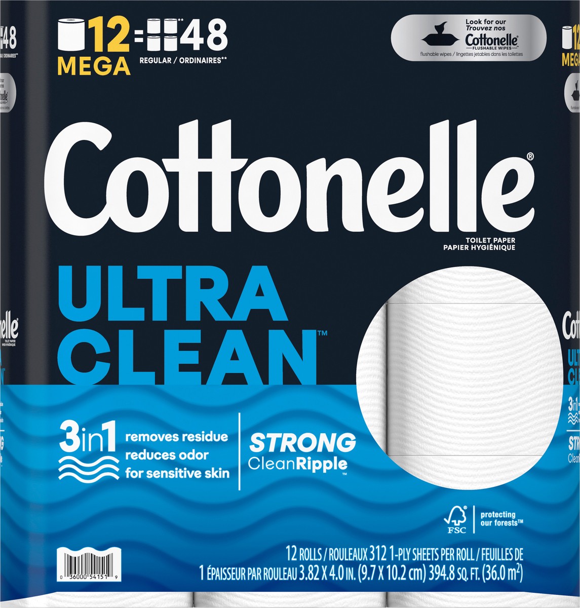 slide 3 of 11, Cottonelle Ultra Clean Toilet Paper, 12 Mega Rolls, Strong Bath Tissue (12 Mega Rolls = 48 Regular Rolls), 312 Sheets per Roll, 1-Ply Toilet Paper, 12 ct