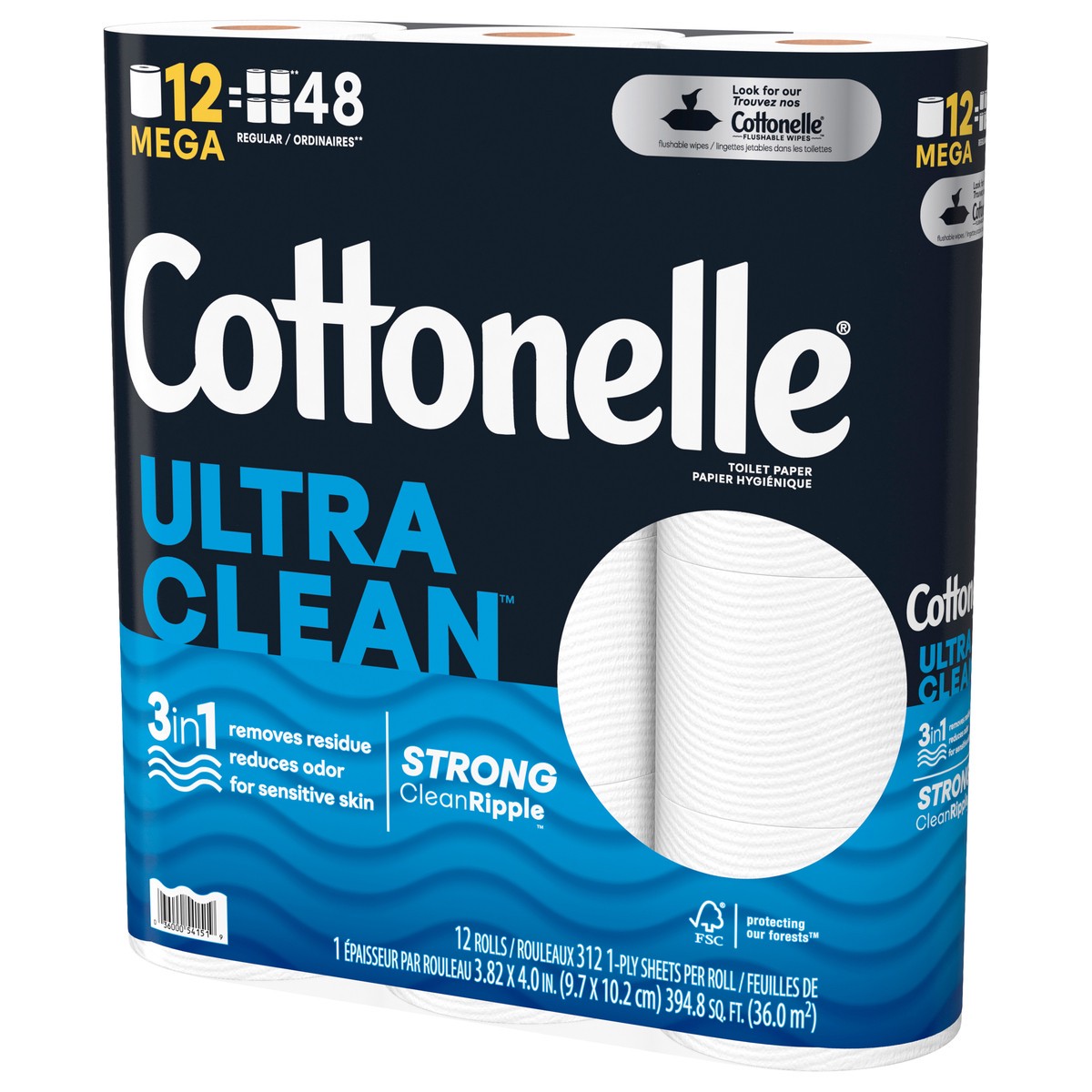 slide 9 of 11, Cottonelle Ultra Clean Toilet Paper, 12 Mega Rolls, Strong Bath Tissue (12 Mega Rolls = 48 Regular Rolls), 312 Sheets per Roll, 1-Ply Toilet Paper, 12 ct