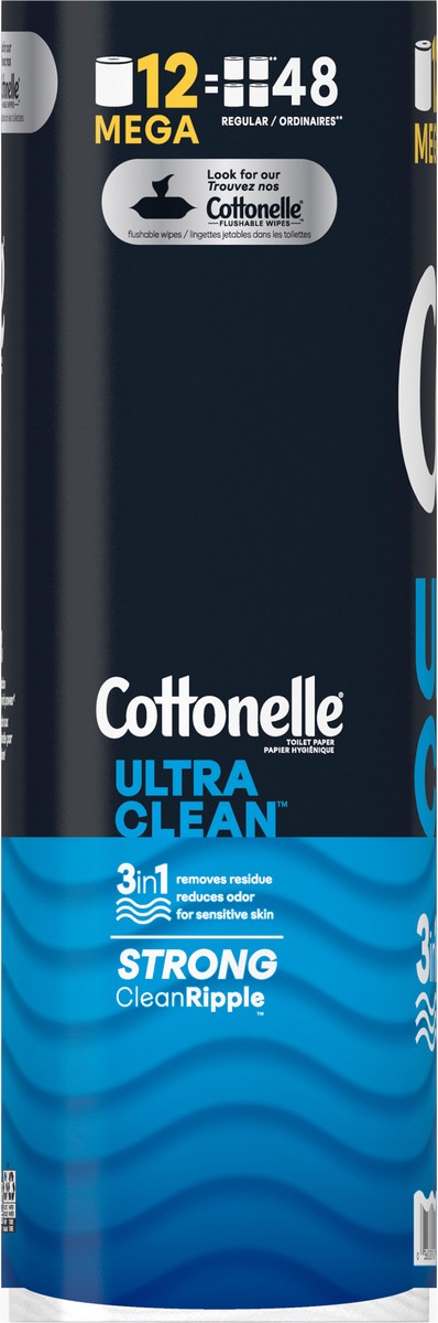 slide 10 of 11, Cottonelle Ultra Clean Toilet Paper, 12 Mega Rolls, Strong Bath Tissue (12 Mega Rolls = 48 Regular Rolls), 312 Sheets per Roll, 1-Ply Toilet Paper, 12 ct