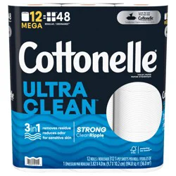 Cottonelle Ultra Clean Toilet Paper, Strong Bath Tissue, 12 Mega Rolls (12 Mega Rolls = 48 regular rolls), 312 Sheets per Roll
