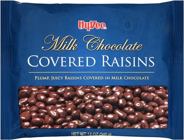 slide 1 of 1, Hy-Vee Milk Chocolate Covered Raisins, 12 oz