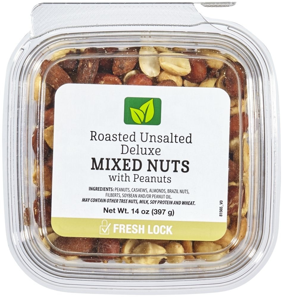 slide 1 of 1, Roasted Unsalted Deluxe Mixed Nuts With Peanuts, 14 oz