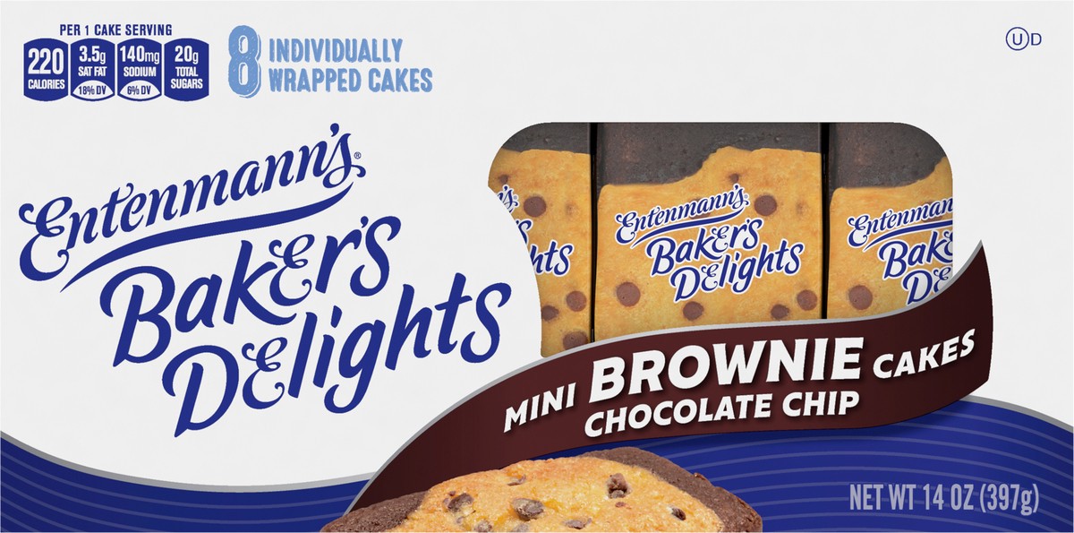 slide 7 of 7, Entenmann's Baker's Delights Brownie Chocolate Chip Cakes, 8 packs, Mini Brownies, 14 oz Box, 8 ct