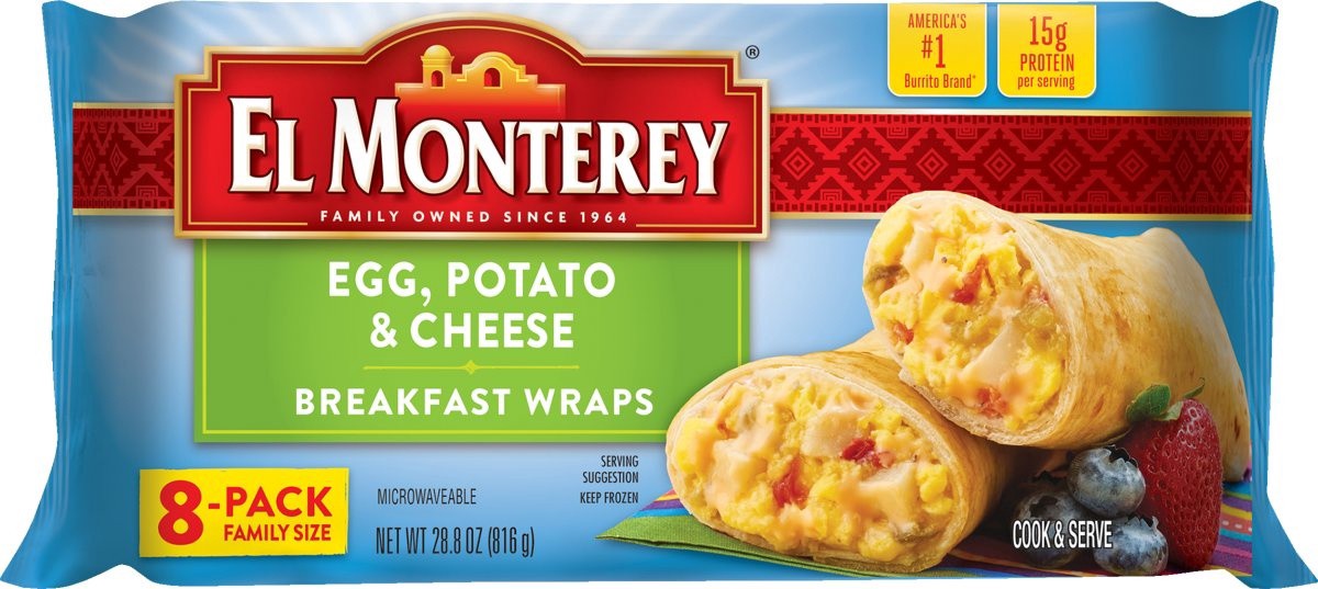 slide 1 of 3, El Monterey Egg, Potato & Cheese Breakfast Wraps, 8 ct; 28.8 oz