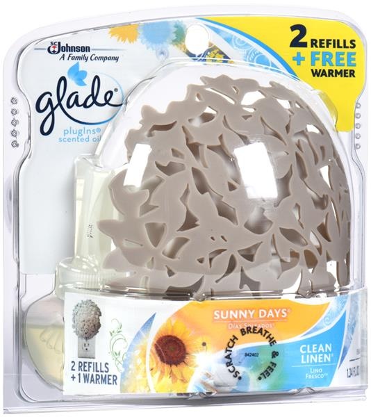 slide 1 of 1, Glade Sunny Days and Clean Linen Plugins Scented Oil Warmer with Refills, 2 ct