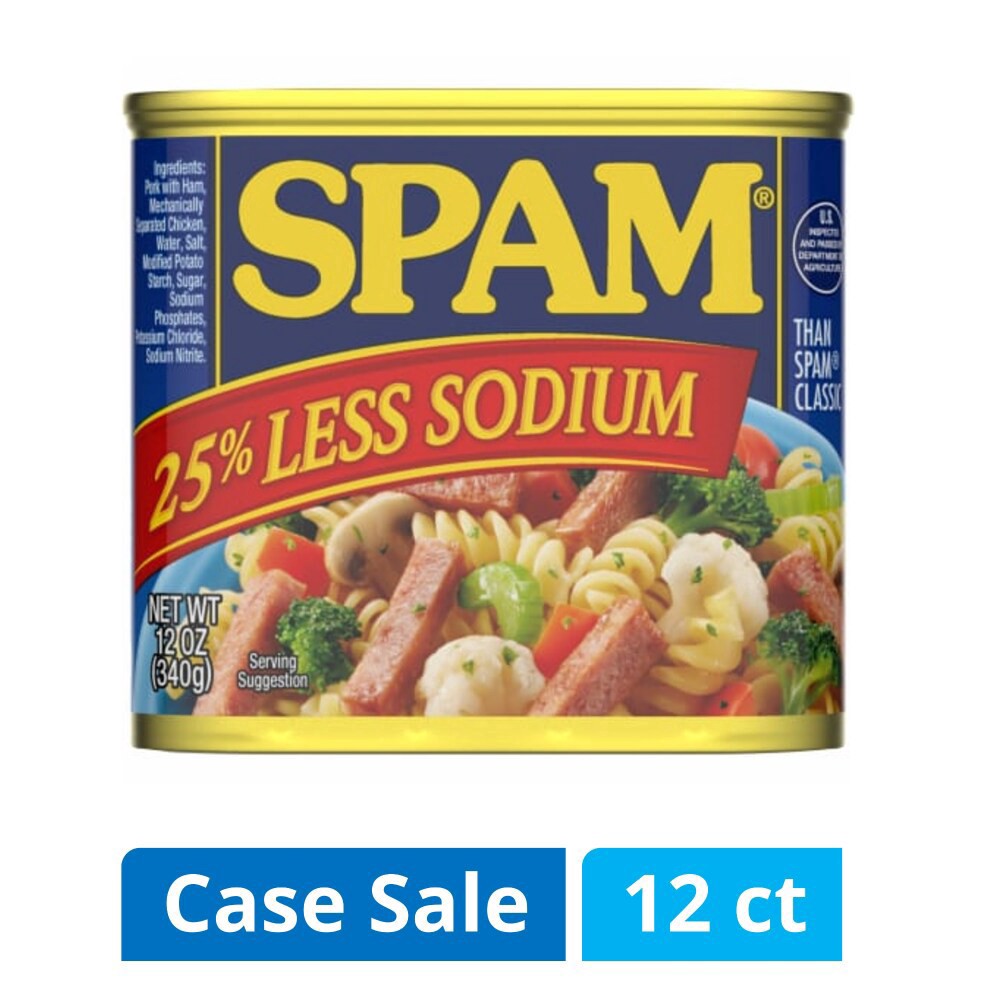 slide 1 of 1, SPAM® 25% Less Sodium Canned Luncheon Meat Case Sale, 12 ct; 12 oz