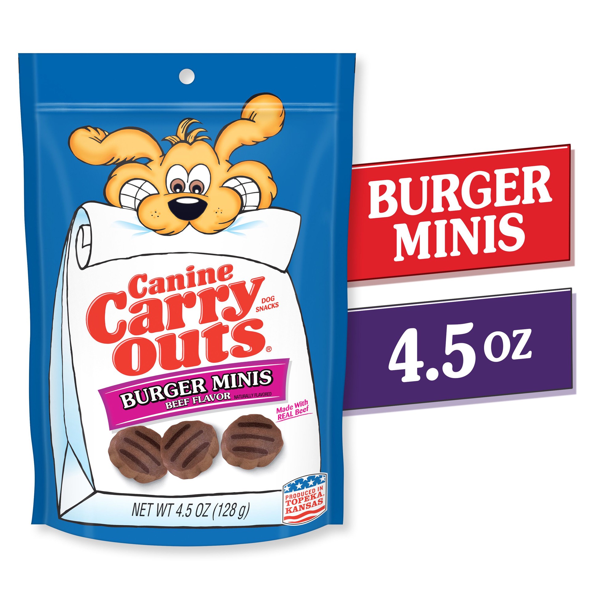 slide 4 of 6, Canine Carry Outs Burger Minis Beef Flavor Dog Treats, 4.5oz Bag, 4.5 oz