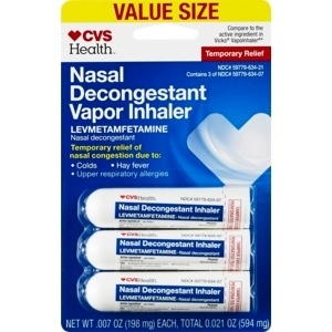 slide 1 of 1, CVS Health Nasal Decongestant Vapor Levmetamfetamine Inhaler, 3 ct; 8 oz