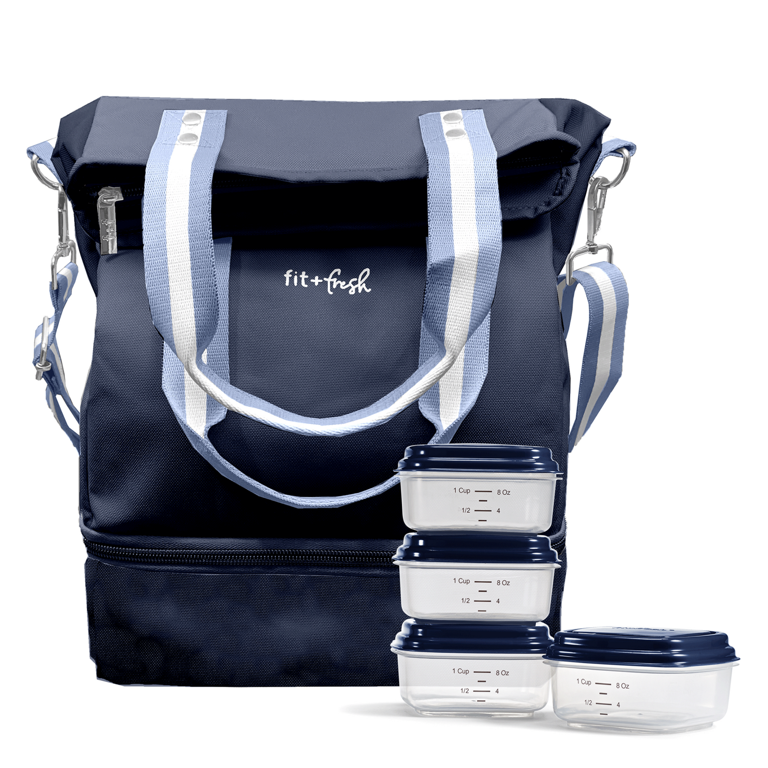 slide 2 of 2, Fit & Fresh Fit + Fresh Douglas Lunch Set With Portion Control Containers Navy Wash Stripe, One Size