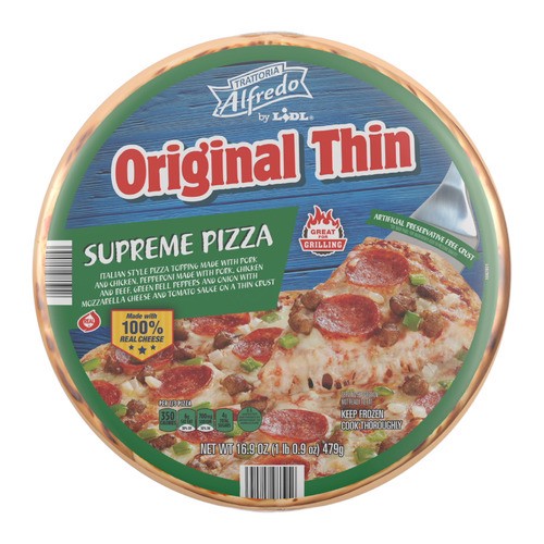 slide 1 of 1, Trattoria Alfredo frozen original thin crust pizza, supreme, 16.9 oz