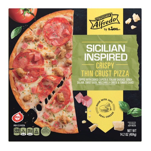 slide 1 of 1, Trattoria Alfredo frozen Sicilian inspired crispy thin crust pizza, 14.2 oz