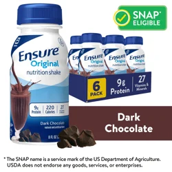 Ensure Original Nutrition Shake with 9 grams of protein, Meal Replacement Shakes, Dark Chocolate, 8 fl oz, 6 Count