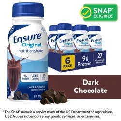 Ensure Original Nutrition Shake with 9 grams of protein, Meal Replacement Shakes, Dark Chocolate, 8 fl oz, 6 Count