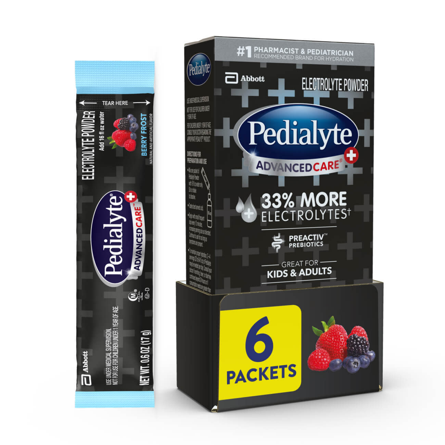 slide 1 of 8, Pedialyte AdvancedCare Plus Berry Frost Electrolyte Powder 6 - 0.6 oz Packets, 6 ct