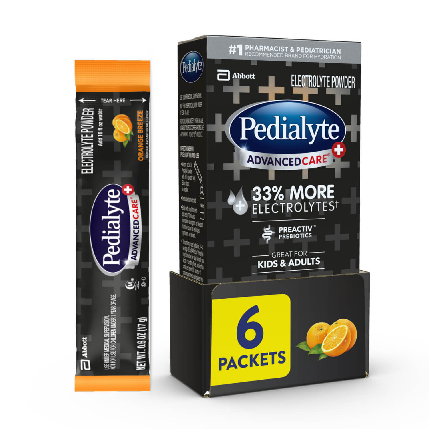 slide 1 of 1, Pedialyte AdvancedCare Orange Breeze Electrolyte Powder Packets 6-0.6 oz. Box, 3.6 oz