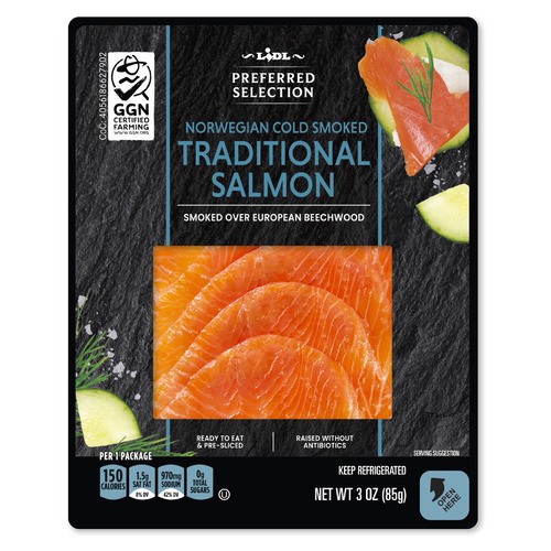 slide 1 of 1, Lidl Preferred Selection Norwegian traditional cold smoked salmon, 3 oz