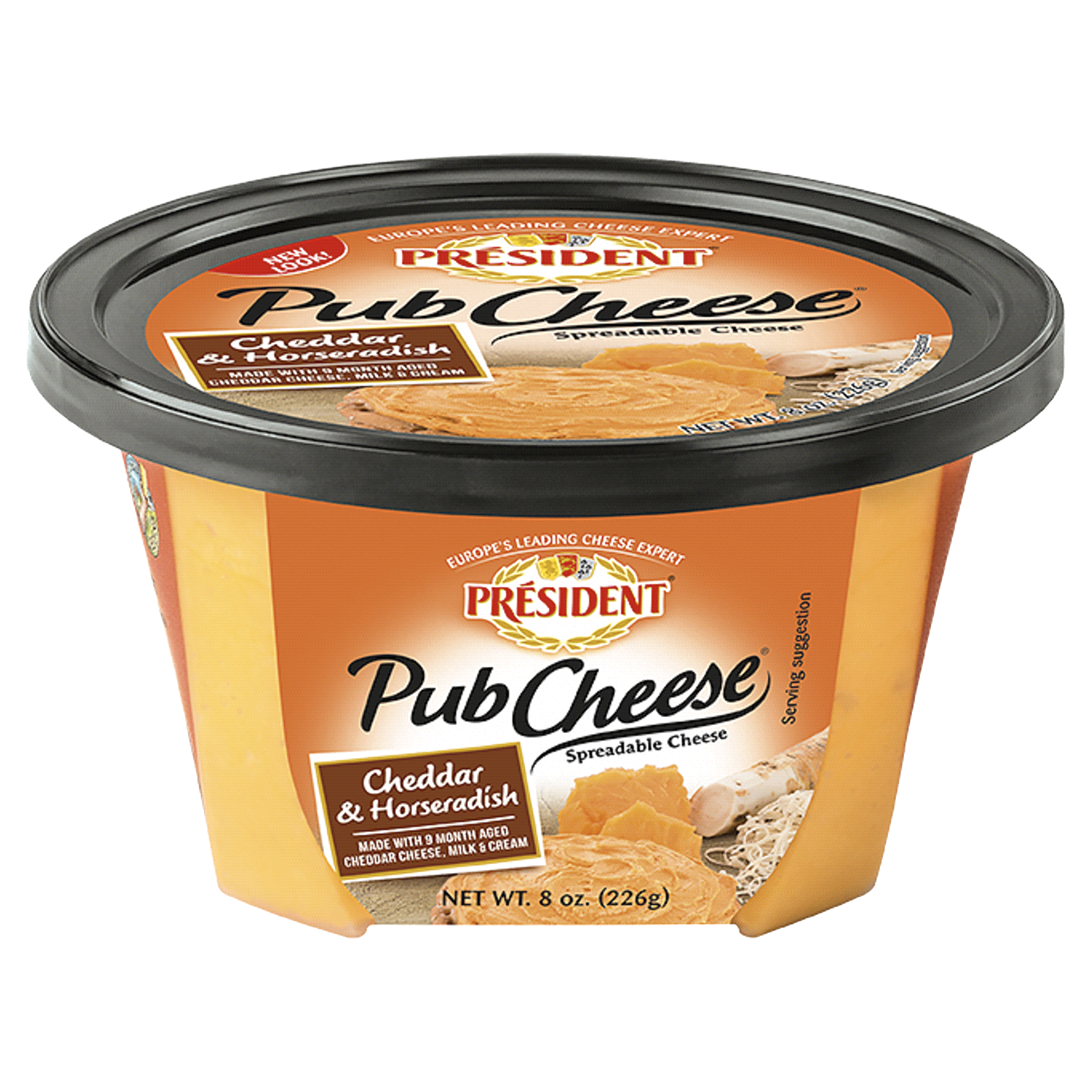 slide 1 of 2, President Authentic Spreadable Pub Cheese, Sharp Cheddar & Horseradish, 8 Oz, 8 oz