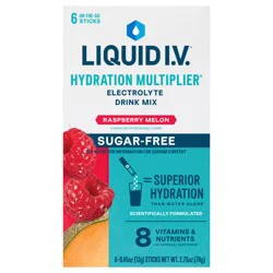 Liquid I.V. Hydration Multiplier Sugar-Free - Raspberry Melon - Hydration Powder Packets | Electrolyte Powder Drink Mix | Convenient Single-Serving Sticks | Non-GMO | 6 Sticks - 6 ct