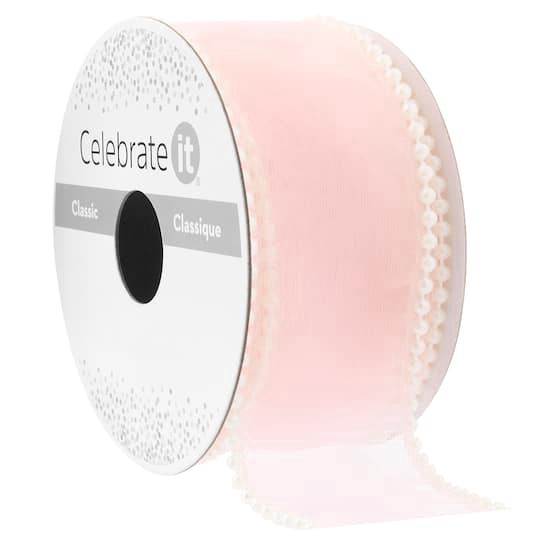 slide 1 of 2, 1.5" X 3yd. Pink Sheer Pearl Edge Ribbon By Celebrate It Classic, 1.5 in x 3 yd