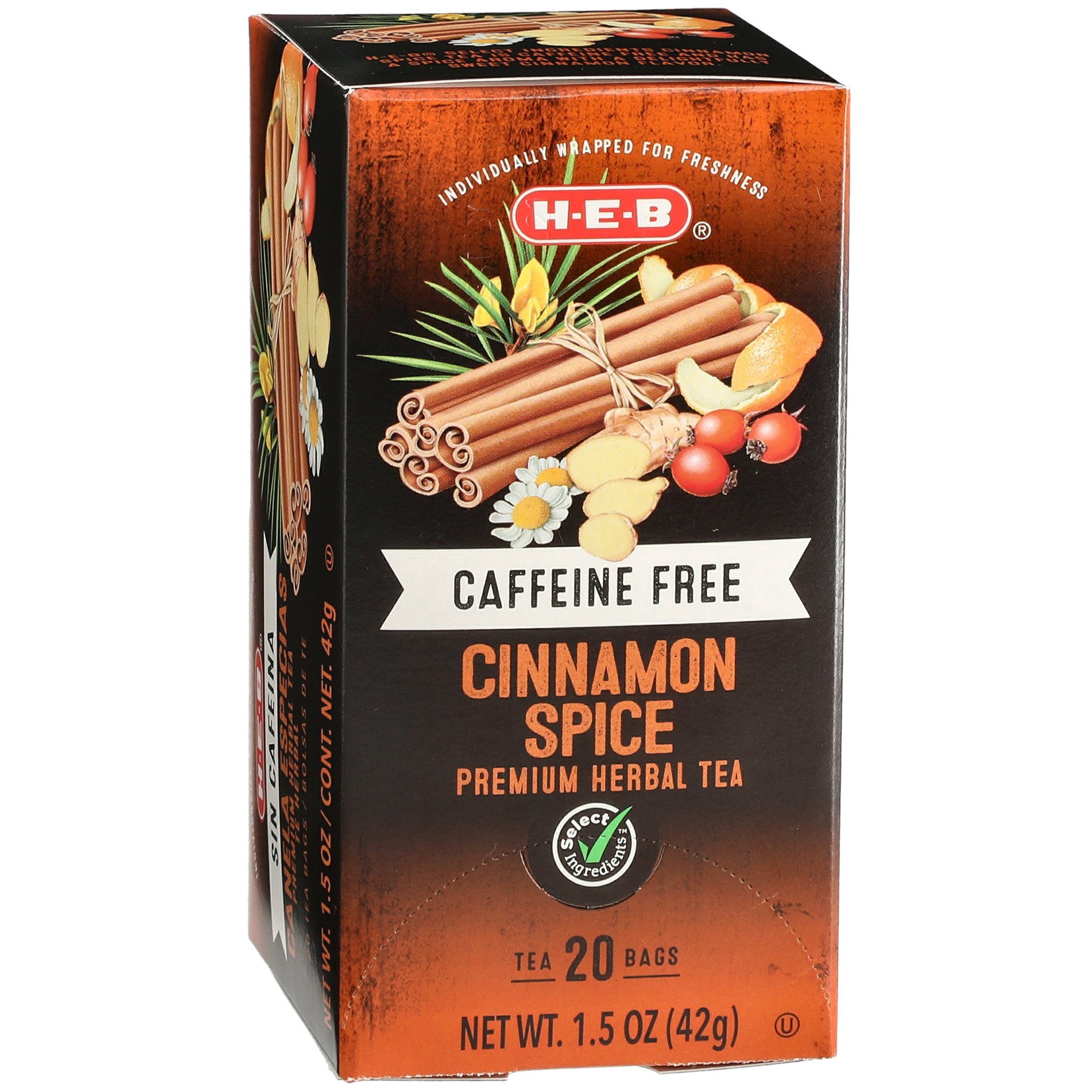 slide 1 of 1, H-E-B Select Ingredients Caffeine Free Cinnamon Spice Herbal Tea Bags - 20 ct, 20 ct